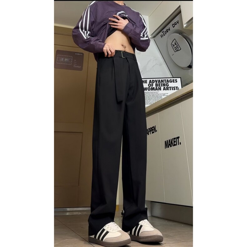 加绒加厚腰带垂感休闲西裤男女裤子痞帅阔腿裤直筒长裤-CK505-p45图片