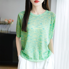 圆领简约彩纱针织衫正肩短袖T恤女2025夏季休闲薄款半袖小衫上衣，女装针织衫/毛衣，郡淞羊绒