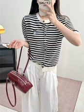 夏季圆领条纹针织短袖开衫女猫咪刺绣宽松半袖T恤上衣百搭打底衫，女装T恤，艾米娇羊绒