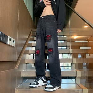 美式潮牌高街vibe复古水洗黑色破洞补丁牛仔裤男修身K9052-P48图片