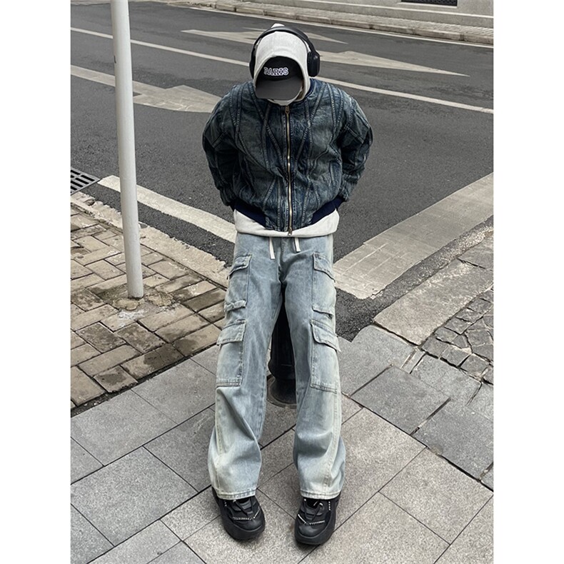 B221美式ins高街重工艺宽松做旧工装牛仔裤子LK23143-P80控108,男装牛仔裤,电商B221