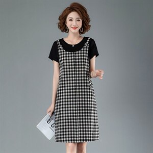 拼接假两件格纹连衣裙2023年夏季新款时尚图片