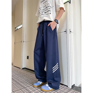 8XL-M重磅条纹运动卫裤特大码阔腿直筒长裤三条杠休闲裤KZ1946P55图片