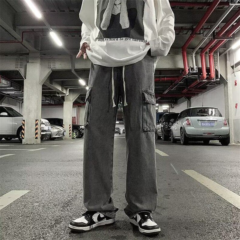 复古工装牛仔裤男潮牌多口袋抽绳裤子宽松百搭个性A118/P46图片