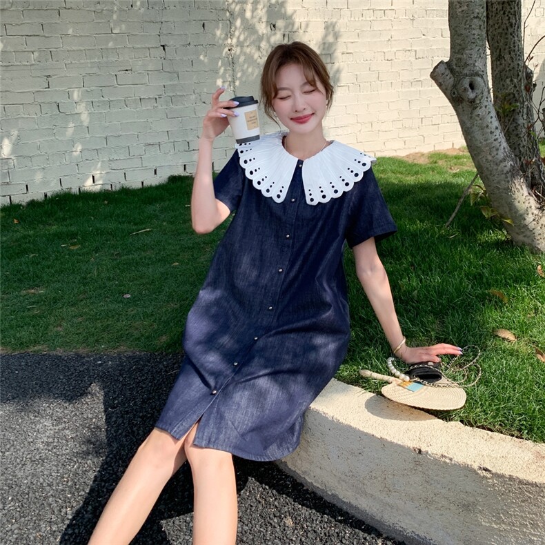 甜美娃娃领拼接牛仔连衣裙女夏2025新款小个子减龄超火学院风爆款,女装连衣裙,2C115