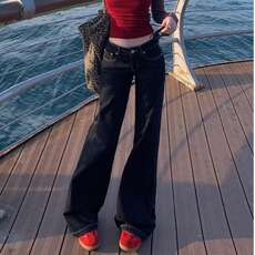 复古深色微喇牛仔裤女2025秋季新款低腰宽松垂感不贴腿拖地直筒裤，男装牛仔裤，星座506A
