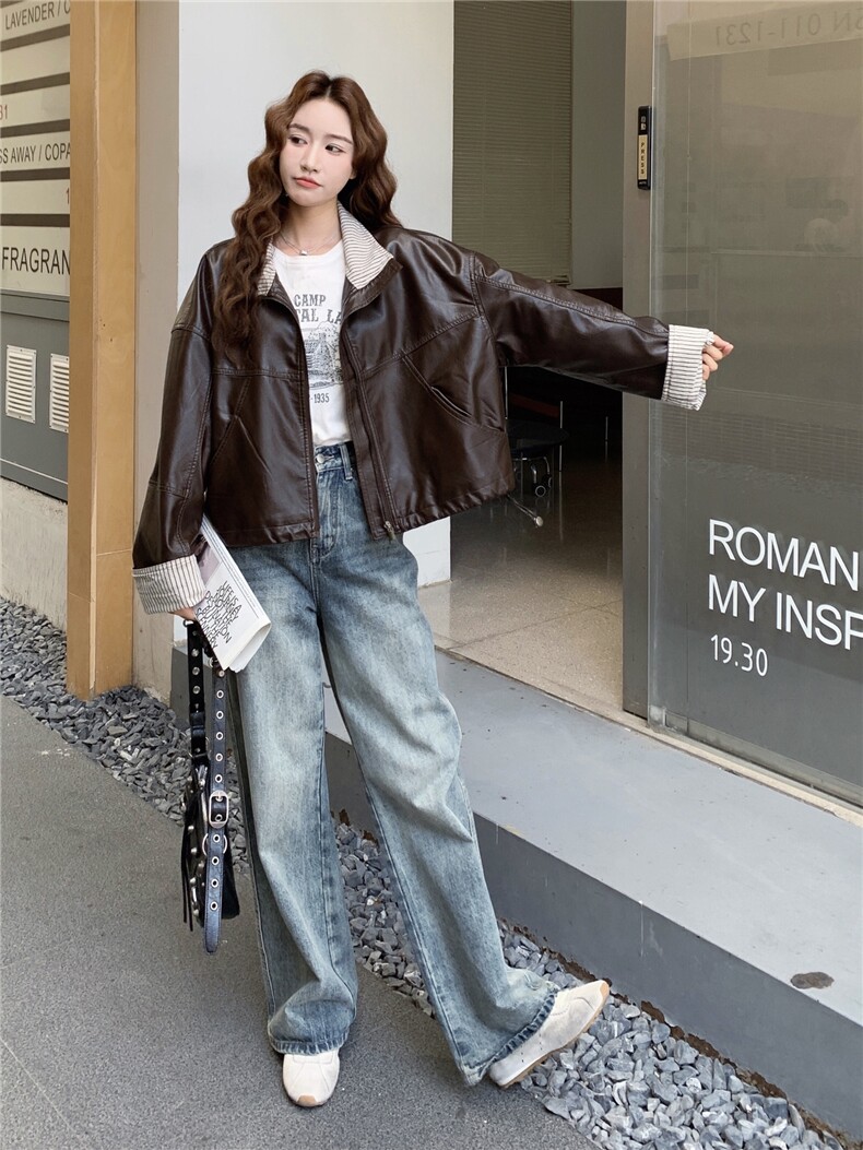 美式复古高级感条纹撞色PU皮衣外套女2025春秋季新款韩系显瘦夹克,女装皮衣,蝶眷