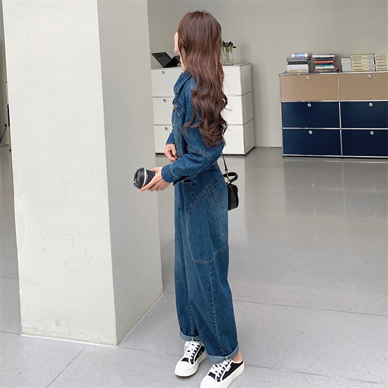 美式水洗复古连体裤女2025秋季新款时尚遮肉显瘦长袖牛仔连体长裤,女装连体裤,点滴