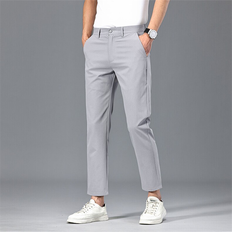 浅灰色九分休闲裤男生夏季冰丝薄款潮流百搭工装运动直筒修身裤子，男装工装外套，星座914