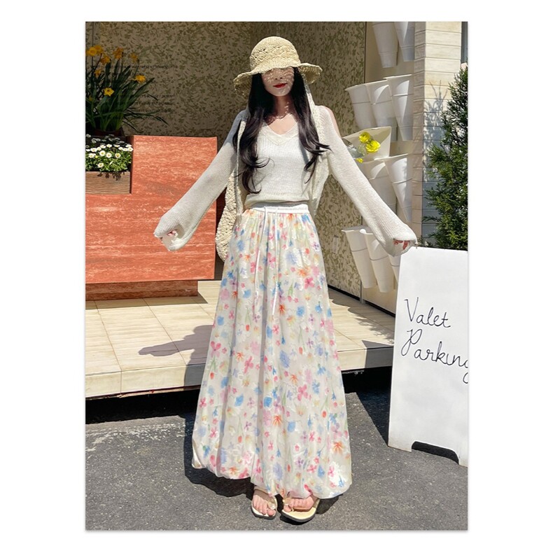 碎花花苞半身裙女2025新款夏季高腰中长款时尚减龄抽绳a字蓬蓬裙,女装半身裙,星座1210-1