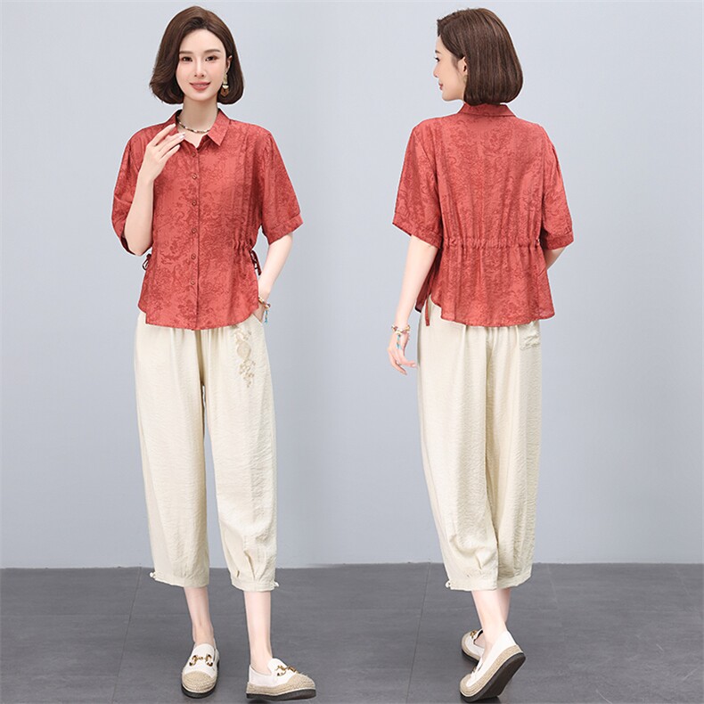 大码休闲减龄时尚棉麻裤子女夏季新款中年妈妈小个子七分裤哈伦裤，女装套装/套裙，多彩