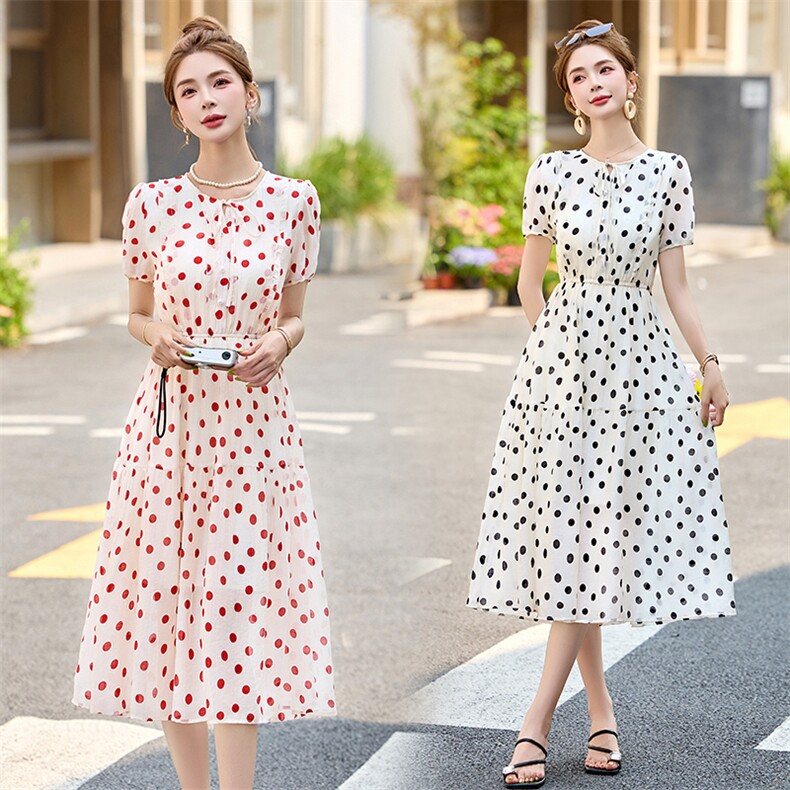 雪纺连衣裙女时尚气质2025夏季新款今年流行修身显瘦波点黑色裙子，女装连衣裙，罗得堡