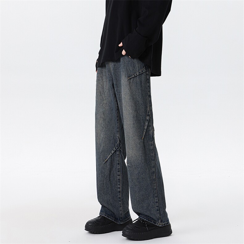 褶皱水洗牛仔裤M~8XL大码宽松设计感美式高街复古直筒裤NZ9001P55，男装牛仔裤，电商B238
