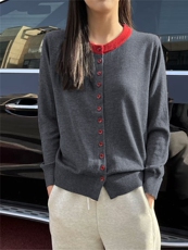 圆领拼色开衫女圆领长袖宽松显瘦春秋款假两件，女装针织衫/毛衣，晨旭羊绒