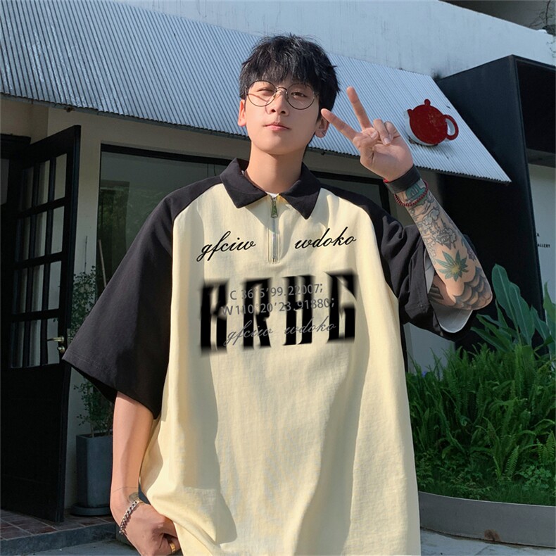 港风重磅全棉撞色插肩袖polo衫短袖男T恤GP3184-P45控78,男装T恤,电商B370