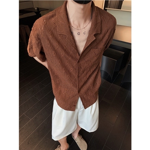 古巴领镂空复古高级感宽松短袖衬衫男士夏季镂空痞帅半袖衬衣P38
