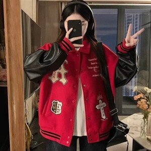 美式高街红色字母刺绣棒球服夹克男女秋冬季百搭重磅情侣外套图片