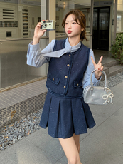 蓝色小香风三件套女士2025秋季新款高级感马甲气质衬衫百褶裙套装，女装套装/套裙，霓裳依族