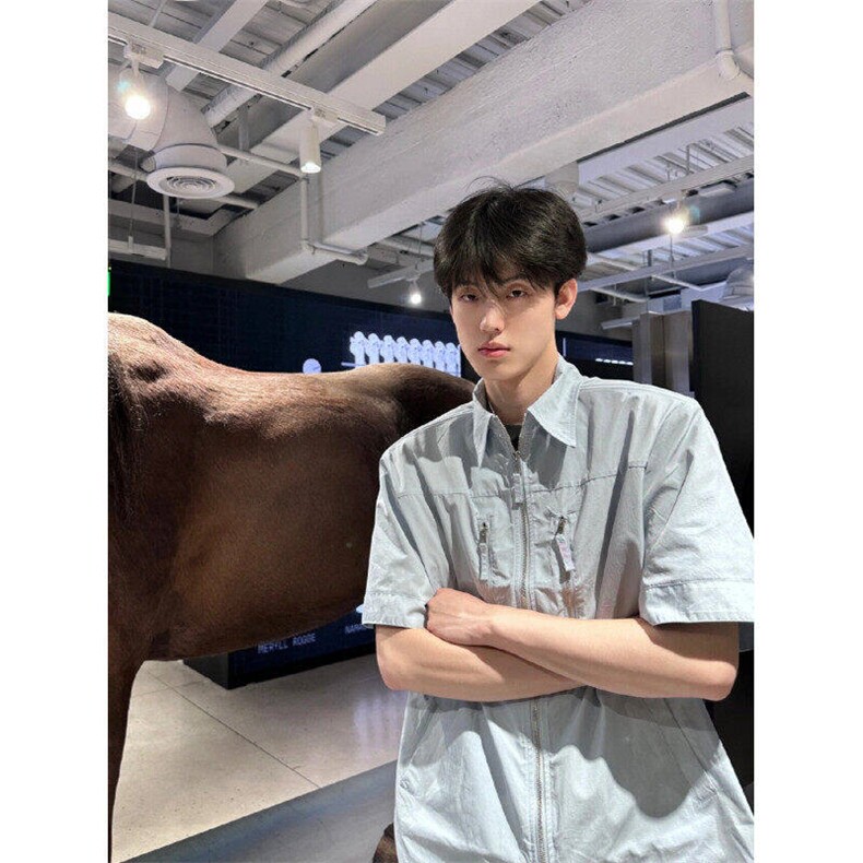 垫肩拉链短袖衬衫男夏季潮牌痞帅高级感衬衣美式高街L33755-p40图片