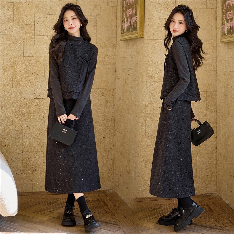 【bao款早春格雷灰系列】2026亮片韩版蝴蝶结波浪长裙针织三件套，女装套装/套裙，雅静靓衣