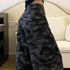 美式复古加绒迷彩裤保暖牛仔裤女秋冬季新款高腰宽松阔腿裤休闲拖，男装牛仔裤，星座302B-2