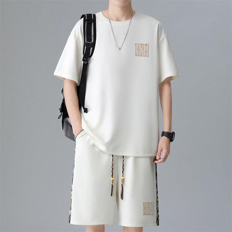 男士刺绣夏季拼接休闲运动套装男T恤短裤两件套潮A266-TZ7707-P45,男装T恤,电商A266