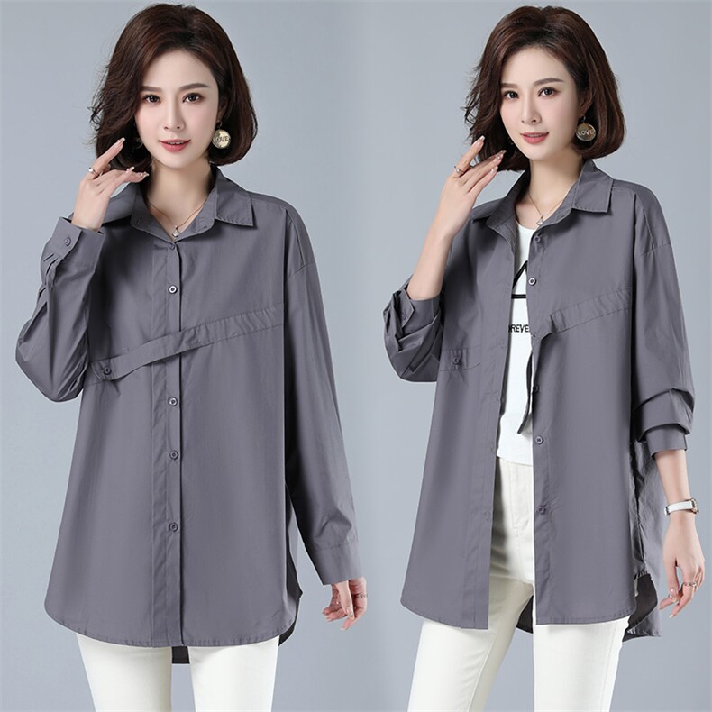 棉2025年秋季新款纯色翻领衬衣不规则长袖休闲宽松时尚中长款，女装衬衫，风姿绰