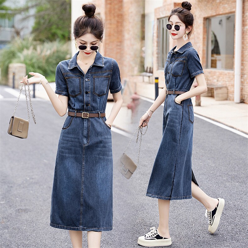 法式复古港风牛仔连衣裙女薄款2025年夏新款小个子收腰显瘦衬衫裙，女装连衣裙，布芭啦