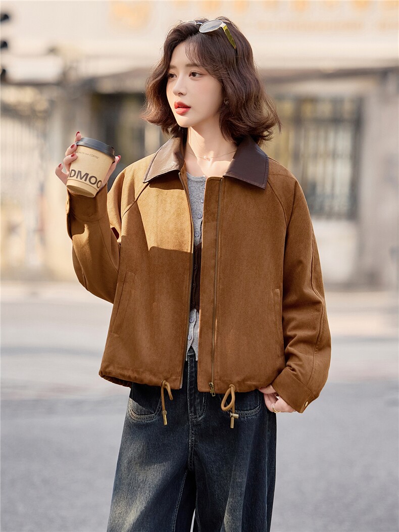 麂皮绒夹棉外套女2025冬季新款小个子棉服女翻领撞色帅气百搭外套,女装棉衣/棉服,梦懿尔