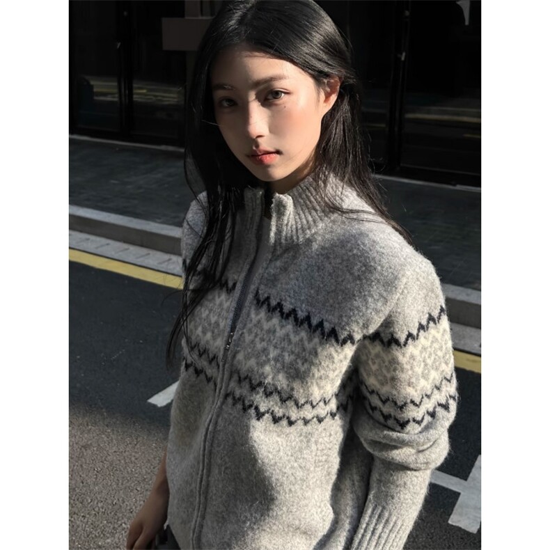 费尔岛提花半高领拉链开衫毛衣男秋冬季慵懒感休闲百搭针织衫情侣，男装针织衫/毛衣，星座506A