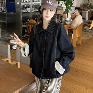 A506-P80 设计感普洗蓝牛仔外套秋宽松条纹拼接袖口夹克外套图片