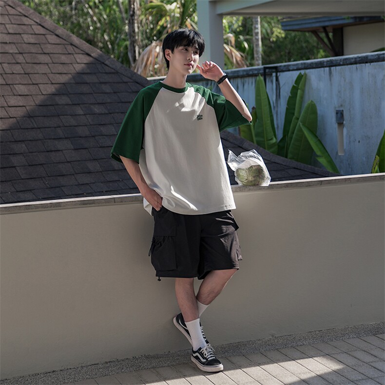 重磅纯棉日系230g少年感插肩袖T恤打底衫拼接B225-T9208-P42-X55,男装T恤,电商B225