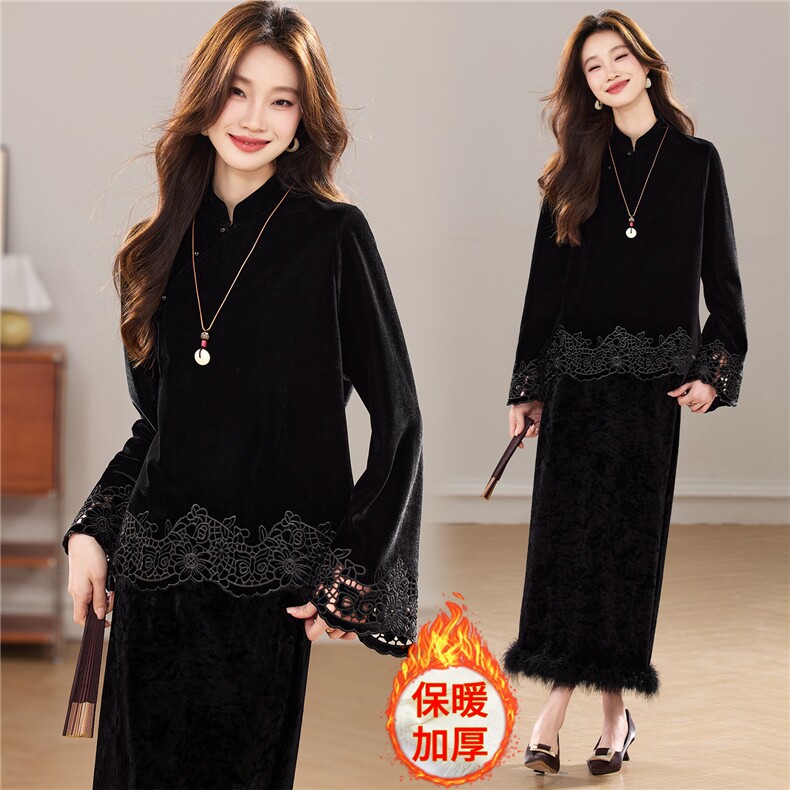 冬季新款加厚丝绒小立领新中式镂空花真毛洋气显瘦气质两件套裙女，女装套装/套裙，央宝儿