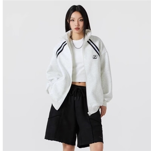 美式复古条纹开衫外套女2025春秋新款运动风宽松休闲潮立领卫衣图片