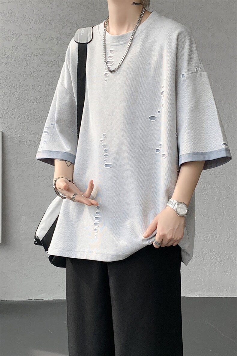 T10137-特批33控68开口笑高品质夏季大码短袖破洞潮流百搭T恤,男装T恤,电商A059