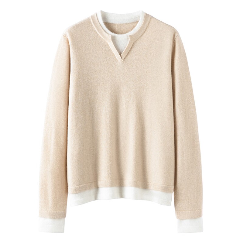 2025年秋季新款百搭V领假两件长袖开衫，女装羊绒衫，珍丝贝尔