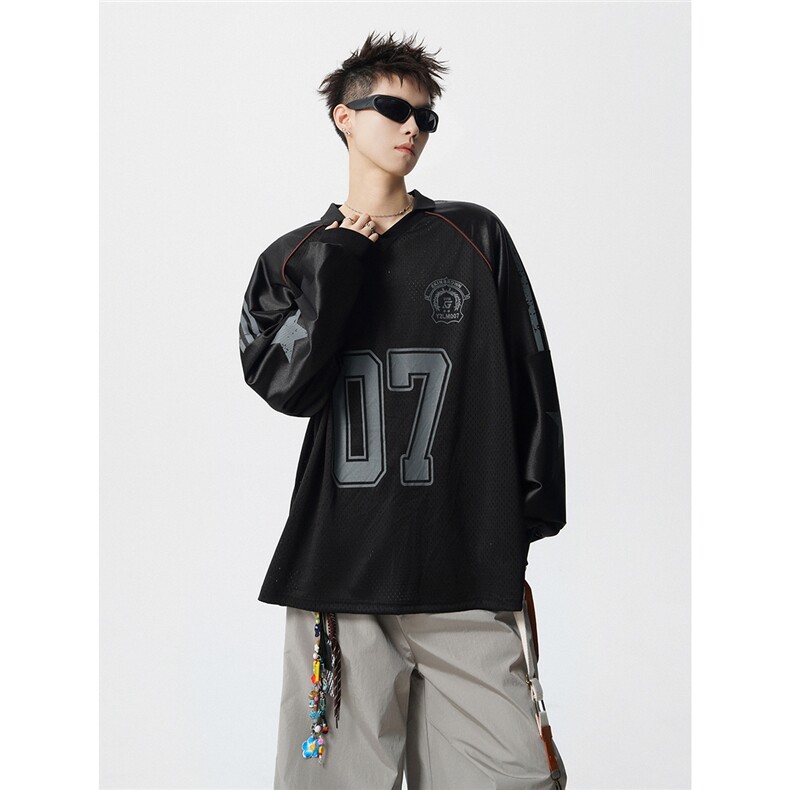 美式翻领POLO衫大码M-5XL插肩拼接V领球衣长袖T恤T78096P48控78,男装Polo衫,星座226-1