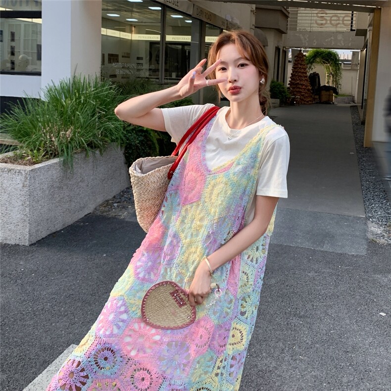 多巴胺甜美粉色镂空蕾丝吊带罩衫显瘦t恤两件套设计感连衣裙夏女,女装套装/套裙,2C090