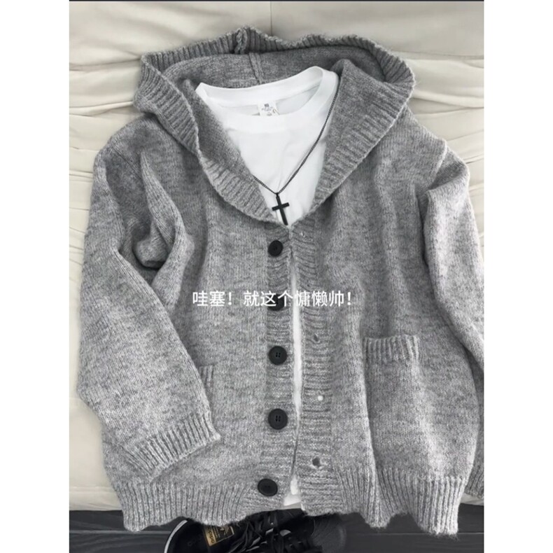 AA1738P55灰色连帽纽扣开衫毛衣男女秋季宽松针织衫,男装针织衫/毛衣,电商B323A