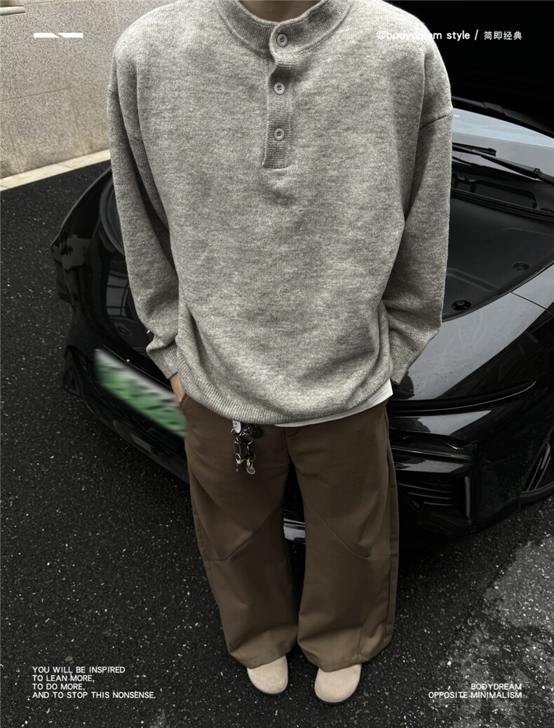 濮院针织衫灰色亨利领毛衣冬纯色高级cleanfit针织衫上衣LF06P65,男装针织衫/毛衣,电商D256-1(原A064-1)