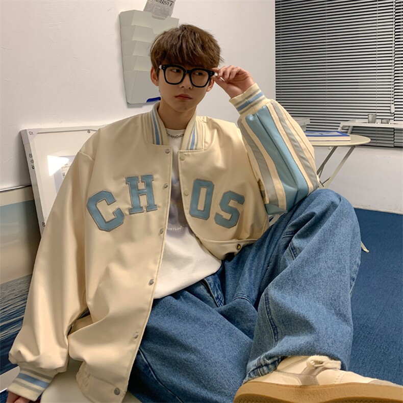 J57-P95-PU皮夹克棒球服拼接撞色织带外套男，现货~现货~现货！,男装夹克,星座1408-1