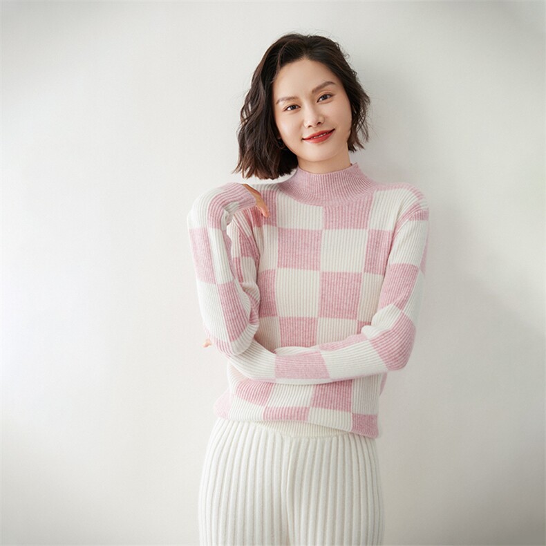 时尚拼色方格半高领女士羊绒衫修身显瘦保暖毛衣,女装羊绒衫,迎冬羊绒