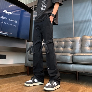 XZ221-1/K1503/P552025春夏美式高街工装绑带微喇叭休闲牛仔裤