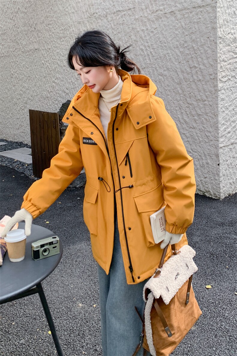 现货新款宽松可抽腰连帽冲锋衣派克白鸭绒羽绒服,女装羽绒服,采品优优