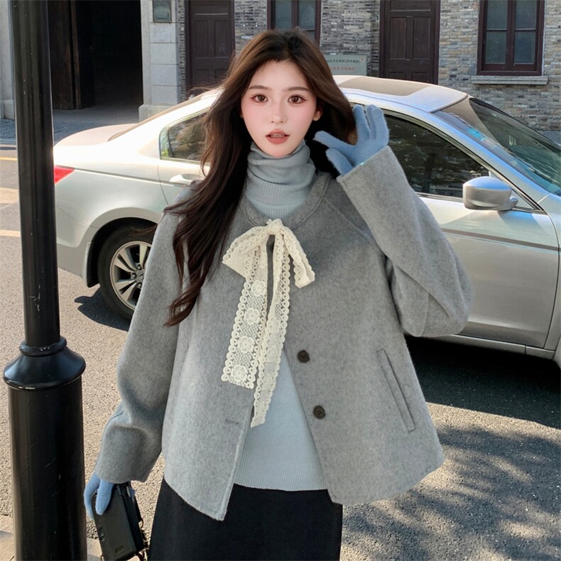 现货双面羊毛呢主推款蕾丝蝴蝶结羊毛女士短外套,女装毛呢外套,SL