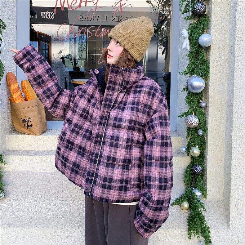 韩系撞色格纹两面穿羽绒服女2025冬新款小个子加厚保暖白鸭绒外套,女装羽绒服,2C375