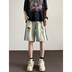 夏季破洞牛仔短裤男美式裤子痞帅宽松休闲五分裤G1056/P40，男装牛仔裤，电商D202-1