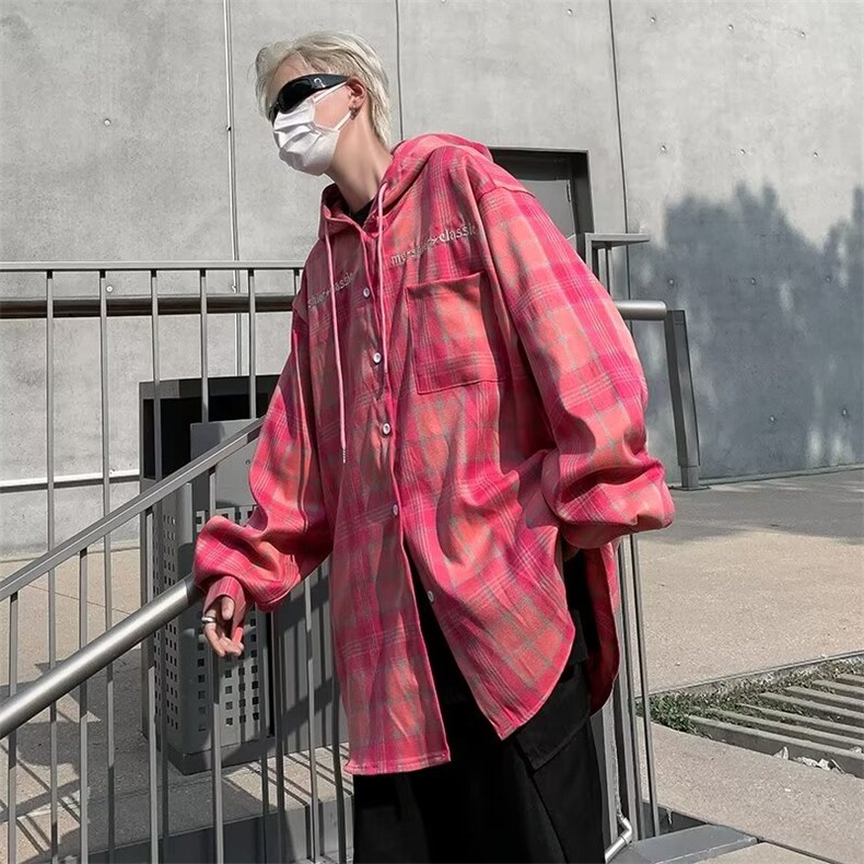 格子衬衫男长袖连帽痞子帅气2024秋冬季新款ins宽松XA30-P50,男装衬衫,星座1109-3