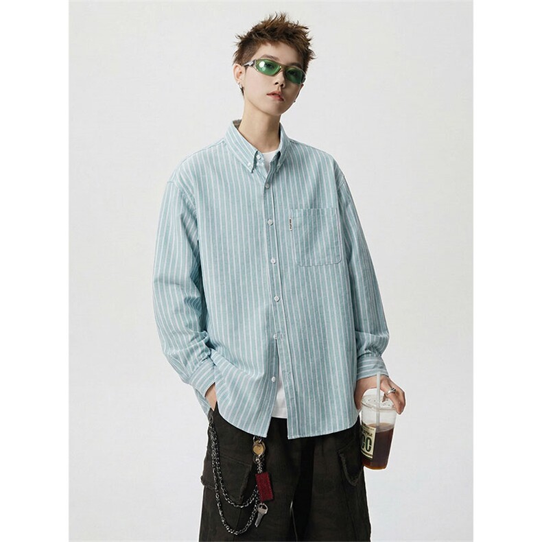 休闲风竖条纹衬衫男长袖松弛感少年风高级感外套C2275-特价P37,男装衬衫,电商A007