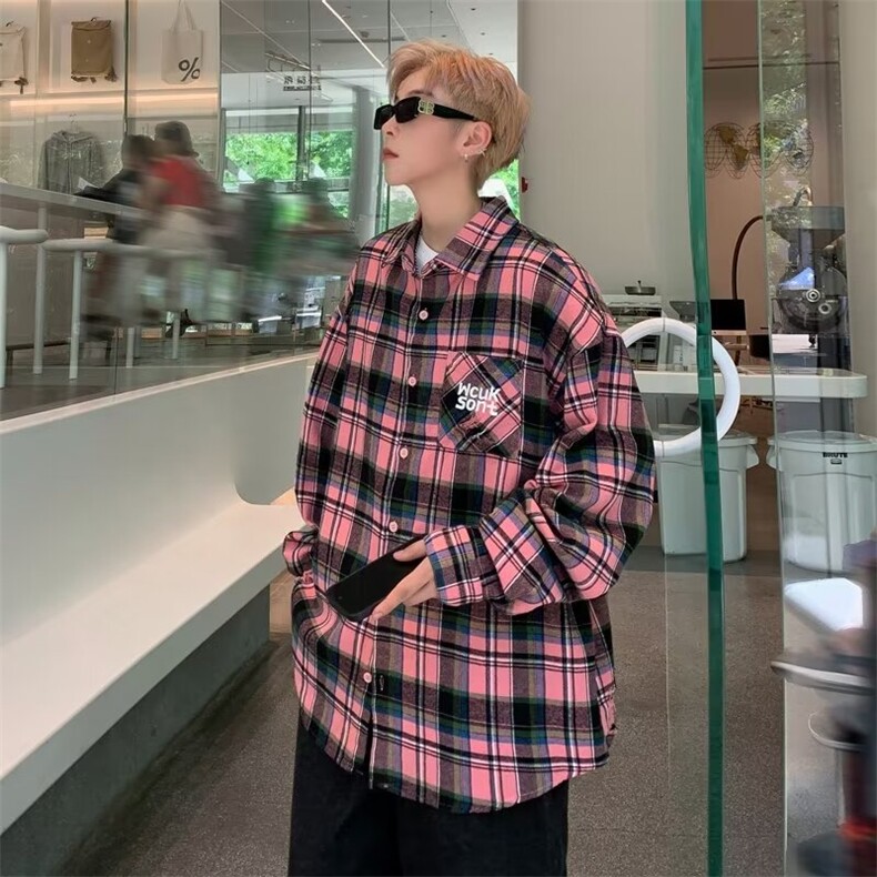 春秋港风格子衬衫男痞帅感长袖衬衣潮流日系内搭薄款外套C136,男装衬衫,星座1116A-1（原606A）